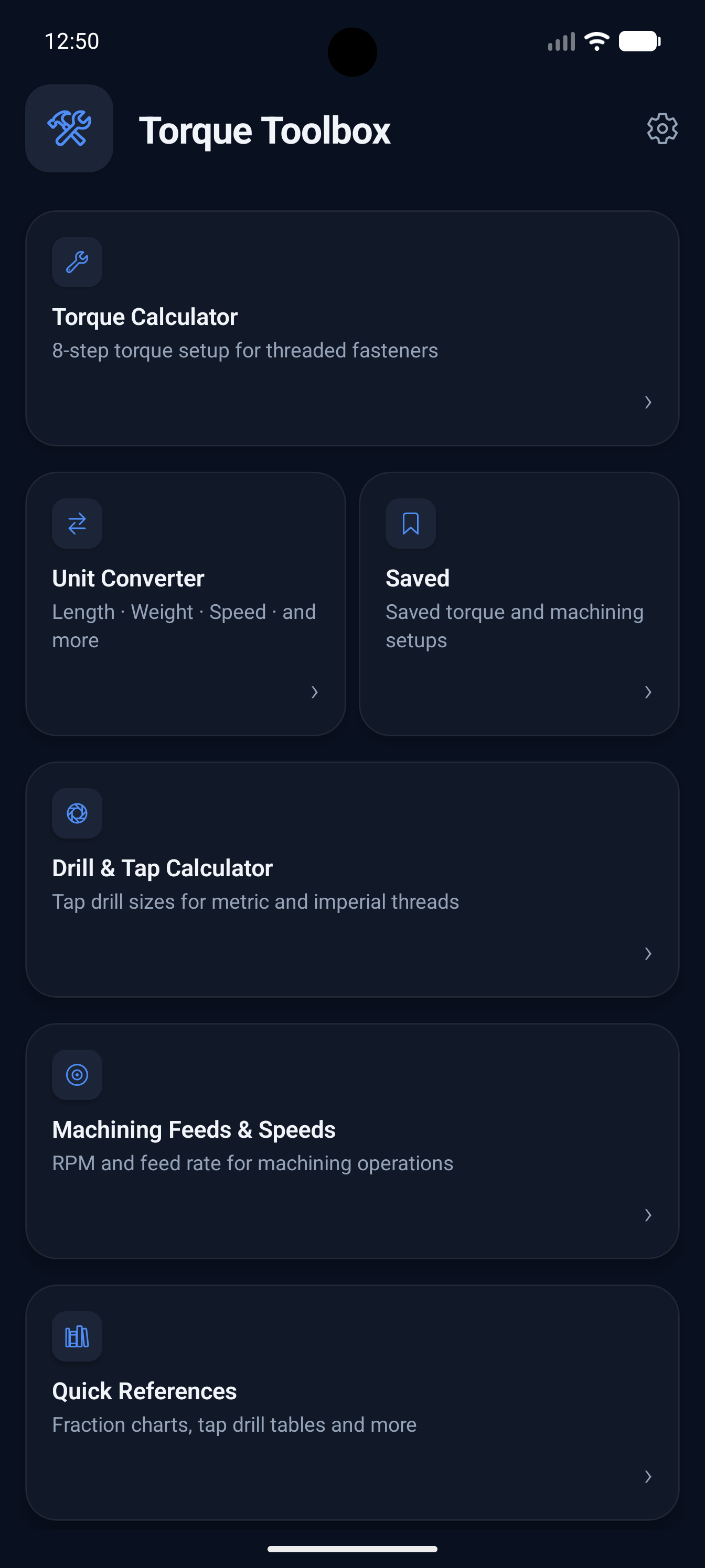 Torque Toolbox home screen — Torque Calculator, Unit Converter, Drill & Tap, Machining Feeds & Speeds and Quick References