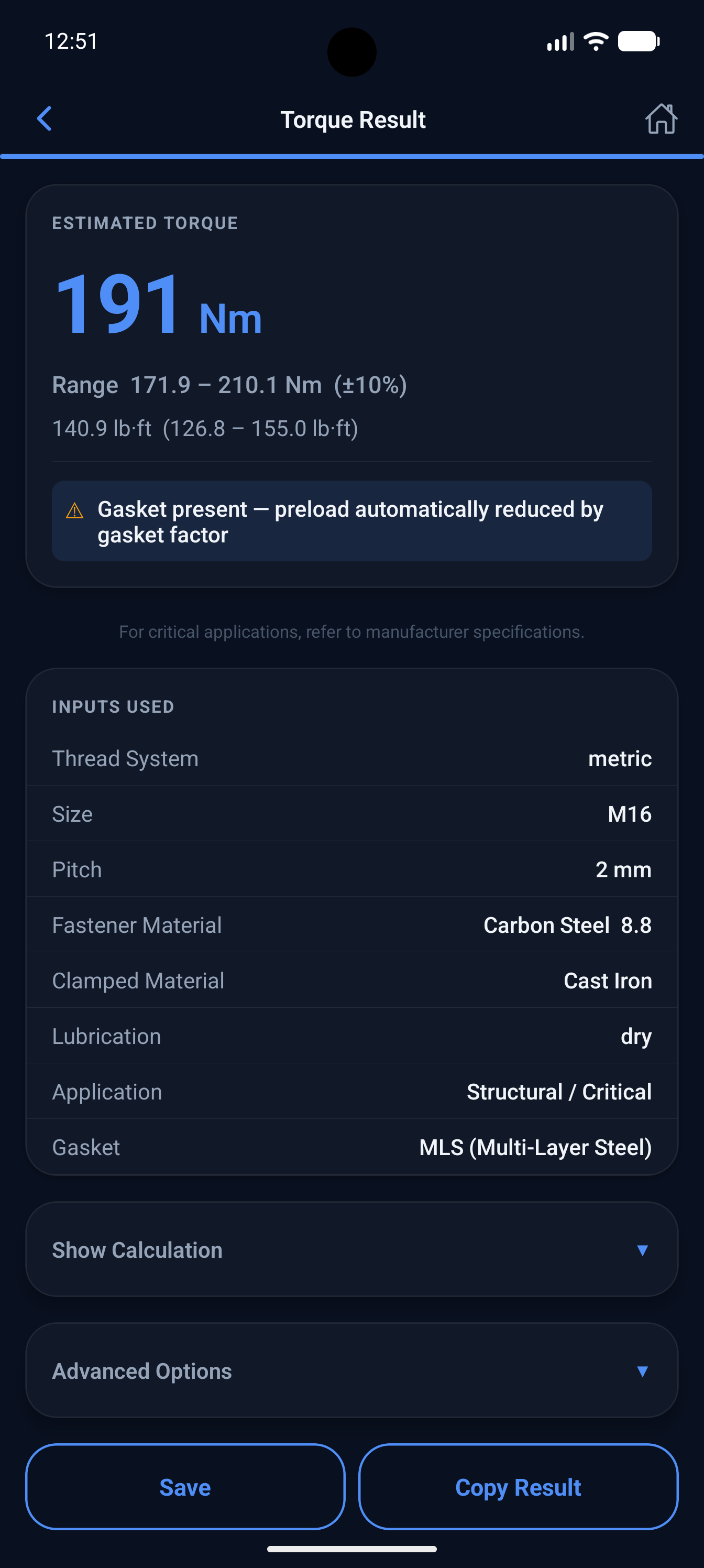 Torque result screen showing calculated torque value with full equation breakdown — T = K×F×d with nut factor, preload force and fastener diameter