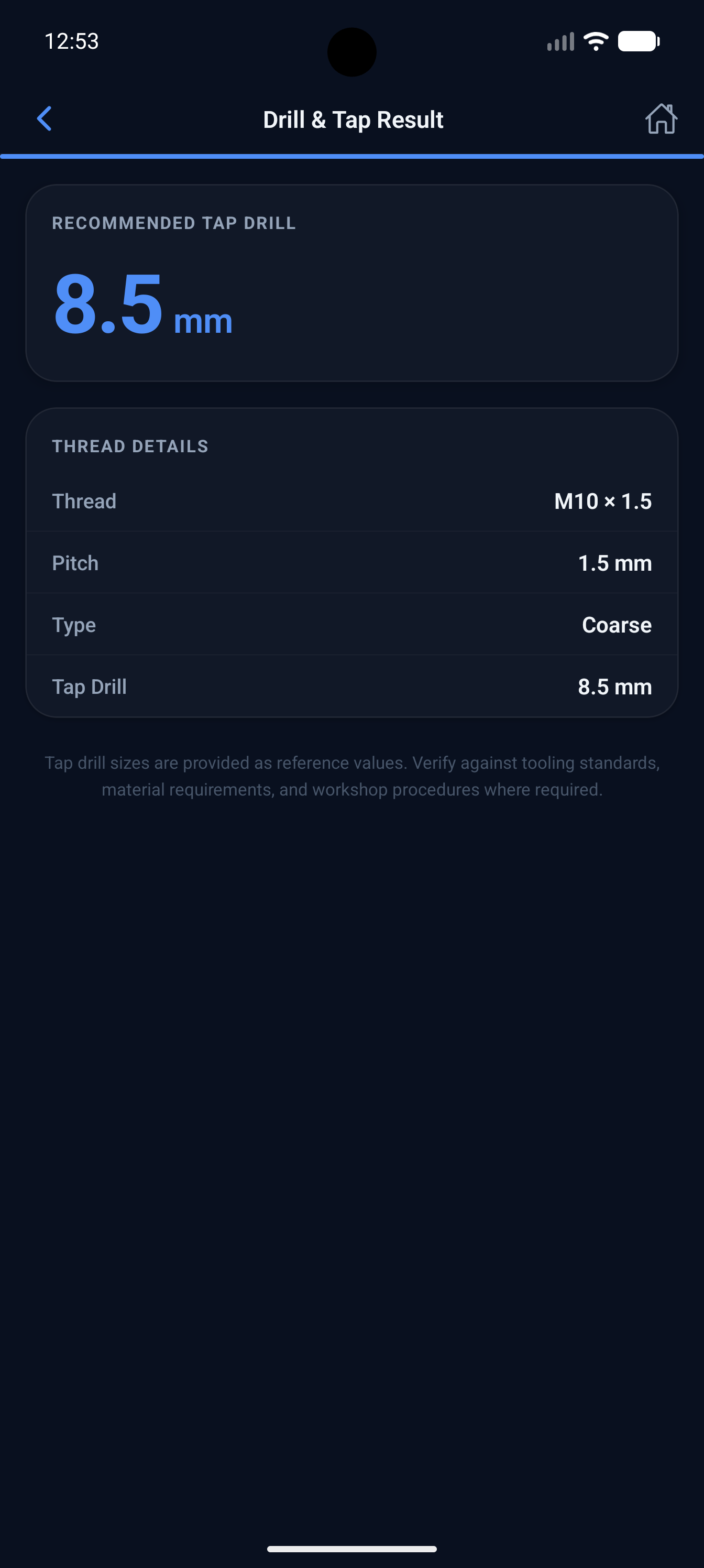Drill and tap result showing 8.5 mm recommended tap drill for M10 × 1.5 thread